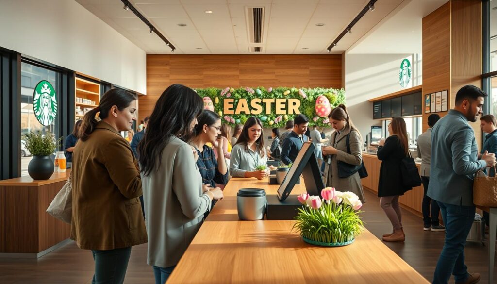 A Starbucks coffee shop on a sunny Easter weekend, with the mobile order pickup counter in the foreground. Soft, warm lighting illuminates the spacious, modern interior with its sleek, minimalist design and natural wood accents. Customers in spring attire wait patiently to retrieve their mobile orders, their faces conveying a sense of convenience and satisfaction. The background features a vibrant display of colorful Easter decorations, creating a festive and welcoming atmosphere. A detailed, high-resolution image, captured with a wide-angle lens to showcase the entirety of the scene. A Starbucks coffee shop on a sunny Easter weekend, with the mobile order pickup counter in the foreground. Soft, warm lighting illuminates the spacious, modern interior with its sleek, minimalist design and natural wood accents. Customers in spring attire wait patiently to retrieve their mobile orders, their faces conveying a sense of convenience and satisfaction. The background features a vibrant display of colorful Easter decorations, creating a festive and welcoming atmosphere. A detailed, high-resolution image, captured with a wide-angle lens to showcase the entirety of the scene.