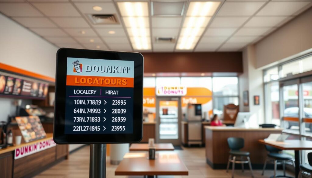 A bright, well-lit interior of a Dunkin' Donuts store, showcasing the store hours locator display prominently in the foreground. The locator is a digital screen or signage presenting the store's daily hours of operation in a clean, easy-to-read format. The middle ground features the familiar Dunkin' Donuts branding and decor, with a cozy, inviting atmosphere. The background reveals the store's entrance and a glimpse of the exterior, conveying a sense of a bustling urban or suburban setting. The image should have a sharp focus, high resolution, and natural lighting to highlight the clarity and functionality of the store hours locator.
