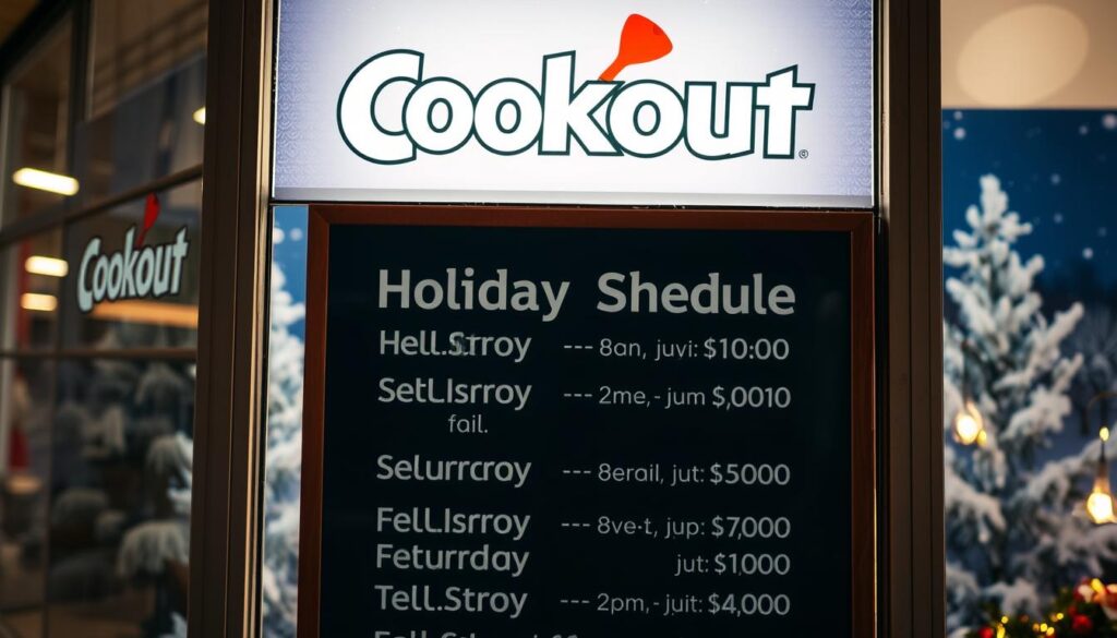 A bright, well-lit storefront display showcases a menu board with the "Cookout" logo. The board lists the holiday hours and closing times in bold, legible text. The background features a festive winter scene with snow-capped trees and a clear, starry night sky. The warm, inviting atmosphere is enhanced by subtle lighting that casts a soft glow over the scene. The composition emphasizes the holiday schedule information as the central focus, conveying a sense of anticipation and readiness for the upcoming festivities. The overall tone is one of holiday cheer and convenience for the customers. A bright, well-lit storefront display showcases a menu board with the "Cookout" logo. The board lists the holiday hours and closing times in bold, legible text. The background features a festive winter scene with snow-capped trees and a clear, starry night sky. The warm, inviting atmosphere is enhanced by subtle lighting that casts a soft glow over the scene. The composition emphasizes the holiday schedule information as the central focus, conveying a sense of anticipation and readiness for the upcoming festivities. The overall tone is one of holiday cheer and convenience for the customers.
