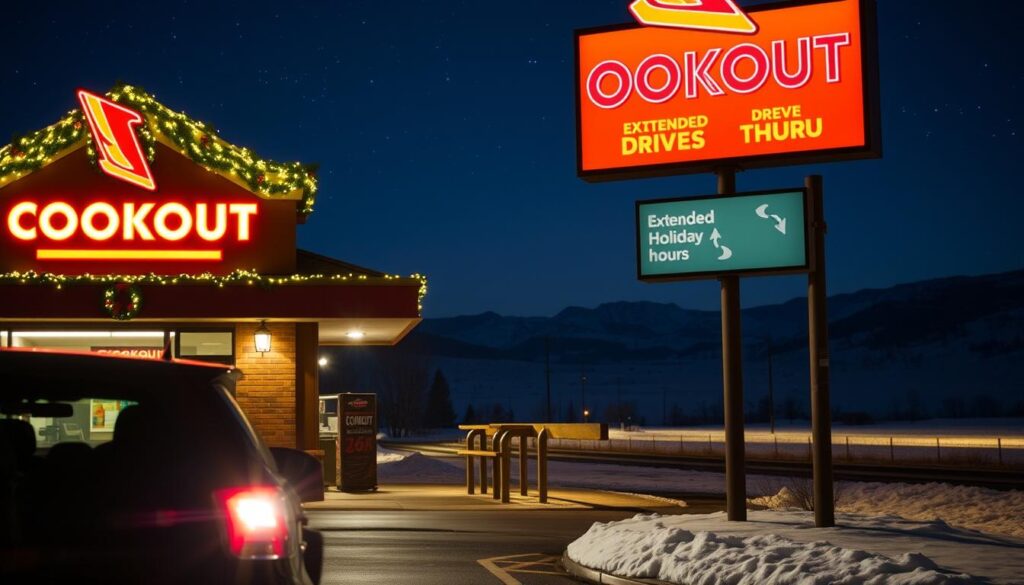 A brightly lit Cookout drive-thru at night, decorated with festive holiday lights and wreaths. In the foreground, a car is pulling up to the order window, its occupants visible through the headlights. The middle ground showcases the drive-thru menu board, illuminated by warm lighting, highlighting the extended holiday hours. The background features a snowy winter landscape, with distant mountains silhouetted against a starry sky. The scene conveys a sense of holiday cheer and the convenience of Cookout's drive-thru service during the holiday season. A brightly lit Cookout drive-thru at night, decorated with festive holiday lights and wreaths. In the foreground, a car is pulling up to the order window, its occupants visible through the headlights. The middle ground showcases the drive-thru menu board, illuminated by warm lighting, highlighting the extended holiday hours. The background features a snowy winter landscape, with distant mountains silhouetted against a starry sky. The scene conveys a sense of holiday cheer and the convenience of Cookout's drive-thru service during the holiday season.