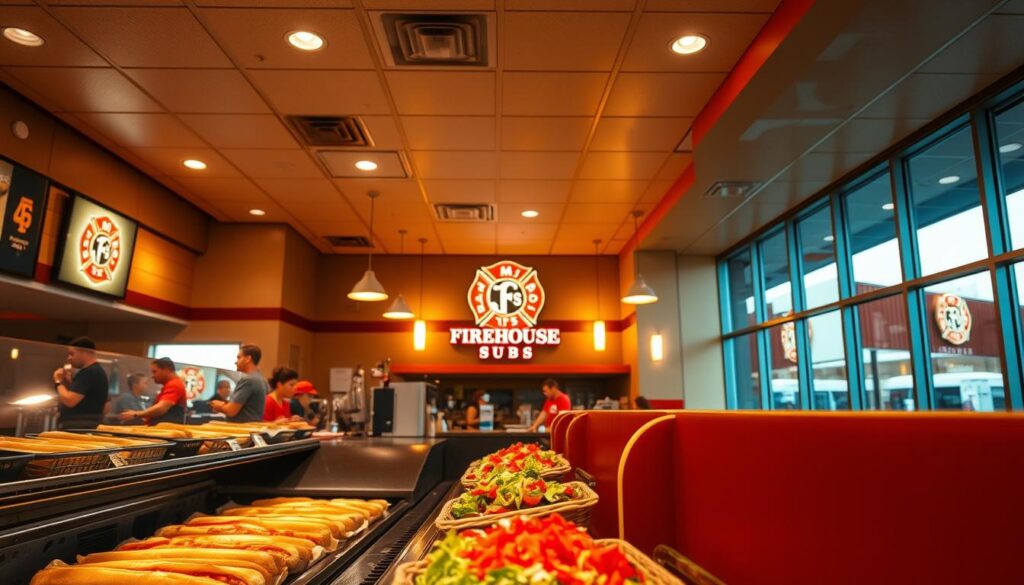A brightly lit, cozy interior of a Firehouse Subs restaurant, captured in the early morning and late night hours. In the foreground, an array of fresh subs and salads are displayed in the counter, their vibrant colors and textures inviting. The middle ground features the familiar Firehouse Subs logo and décor, with warm lighting highlighting the rustic, firefighter-inspired design elements. The background showcases large windows, allowing natural light to filter in during the day, and a soft, ambient glow at night, creating a welcoming and comfortable atmosphere for both early risers and late-night diners.