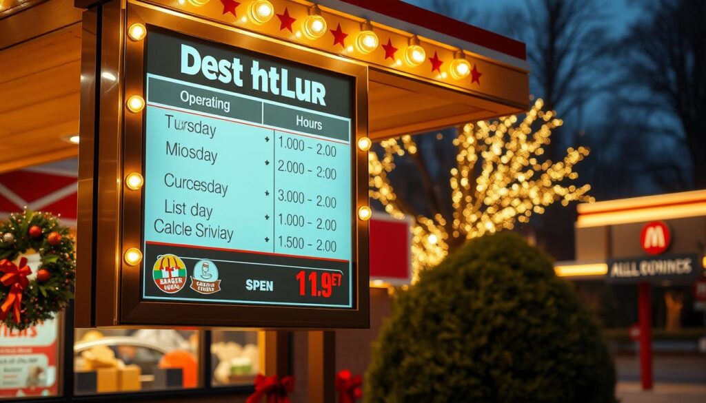 A brightly lit, high-angle view of a classic American drive-thru menu board, showcasing the operating hours for a popular fast-food chain's drive-thru service. The board is illuminated by warm, inviting lights, creating a cozy, festive atmosphere. The menu items are clearly visible, with attention-grabbing graphics and bold typography. In the background, a partially visible restaurant facade and the lush greenery of a well-maintained landscape create a sense of place. The overall composition conveys a welcoming, convenient, and holiday-ready dining experience for the on-the-go customer. A brightly lit, high-angle view of a classic American drive-thru menu board, showcasing the operating hours for a popular fast-food chain's drive-thru service. The board is illuminated by warm, inviting lights, creating a cozy, festive atmosphere. The menu items are clearly visible, with attention-grabbing graphics and bold typography. In the background, a partially visible restaurant facade and the lush greenery of a well-maintained landscape create a sense of place. The overall composition conveys a welcoming, convenient, and holiday-ready dining experience for the on-the-go customer.