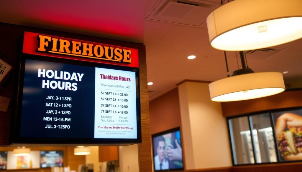 A brightly lit, modern Firehouse Subs restaurant interior, with warm wooden accents and a welcoming atmosphere. The store's holiday hours are prominently displayed on a digital signage board, showcasing the location's Thanksgiving schedule in a clear, easy-to-read format. The image captures the sense of community and convenience associated with the Firehouse Subs brand, encouraging customers to visit during the holiday season. Soft, diffused lighting casts a cozy glow, and the overall composition draws the viewer's attention to the key information about the store's Thanksgiving hours.