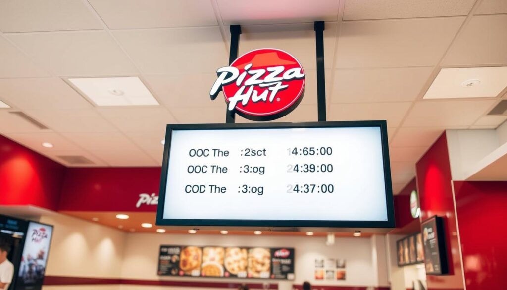 A brightly lit, modern Pizza Hut restaurant interior with a prominent menu board displaying the hours of operation in a clean, legible font. The menu board is positioned at eye level, showcasing the standard opening and closing times for this nationwide chain. Soft, diffused lighting illuminates the space, creating a welcoming and inviting atmosphere. The floor is tiled, and the walls feature the iconic Pizza Hut red and white color scheme. In the background, glimpses of other menu items and decor elements subtly suggest the broader restaurant environment.