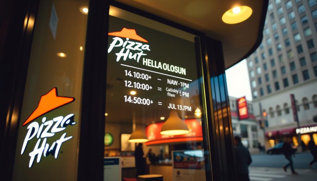A brightly lit, modern Pizza Hut storefront with a prominent delivery hours sign displayed in the window. The sign features a clean, minimalist design with clear, legible text showcasing the delivery service hours in an eye-catching manner. The scene is bathed in warm, inviting lighting, creating a welcoming atmosphere. In the foreground, the Pizza Hut logo and branding elements are visible, subtly reinforcing the brand identity. The middle ground features the delivery hours information, while the background depicts a bustling urban street scene, suggesting the availability and convenience of the Pizza Hut delivery service.