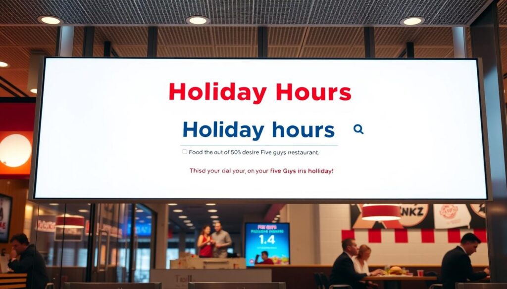 A brightly lit, modern interior of a Five Guys fast-food restaurant, with a large digital display showcasing the holiday hours for the location. The display features a clean, minimalist design with a prominent search bar in the center, inviting customers to easily find the holiday hours for their desired Five Guys restaurant. The lighting is warm and welcoming, creating a cozy atmosphere, while the sleek, metal-and-glass decor elements reflect the brand's contemporary aesthetic. The foreground features a prominent search bar, while the background showcases the restaurant's dining area, with a few customers enjoying their meals. The overall scene conveys a sense of efficiency and accessibility, helping customers quickly and easily find the information they need. A brightly lit, modern interior of a Five Guys fast-food restaurant, with a large digital display showcasing the holiday hours for the location. The display features a clean, minimalist design with a prominent search bar in the center, inviting customers to easily find the holiday hours for their desired Five Guys restaurant. The lighting is warm and welcoming, creating a cozy atmosphere, while the sleek, metal-and-glass decor elements reflect the brand's contemporary aesthetic. The foreground features a prominent search bar, while the background showcases the restaurant's dining area, with a few customers enjoying their meals. The overall scene conveys a sense of efficiency and accessibility, helping customers quickly and easily find the information they need.