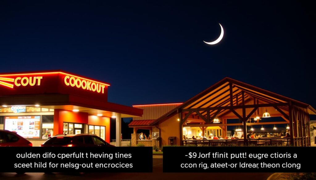 A brightly lit outdoor scene, showcasing the drive-thru and dining room of a Cookout restaurant. In the foreground, a modern, well-designed drive-thru with multiple order lanes and a prominent menu board. In the middle ground, the main dining room with its cozy, rustic-chic aesthetic, bustling with patrons enjoying their late-night BBQ feast. The background features a clear night sky, with a crescent moon casting a soft, ambient glow over the entire scene. The lighting is warm and inviting, creating a welcoming atmosphere. The composition emphasizes the contrast between the convenience of the drive-thru and the leisurely dining experience, highlighting the different closing times for each. A brightly lit outdoor scene, showcasing the drive-thru and dining room of a Cookout restaurant. In the foreground, a modern, well-designed drive-thru with multiple order lanes and a prominent menu board. In the middle ground, the main dining room with its cozy, rustic-chic aesthetic, bustling with patrons enjoying their late-night BBQ feast. The background features a clear night sky, with a crescent moon casting a soft, ambient glow over the entire scene. The lighting is warm and inviting, creating a welcoming atmosphere. The composition emphasizes the contrast between the convenience of the drive-thru and the leisurely dining experience, highlighting the different closing times for each.