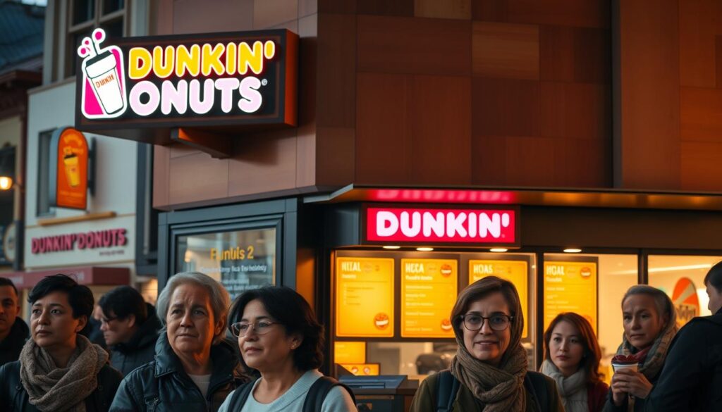 A bustling Dunkin' Donuts storefront set against a backdrop of diverse regional architecture, illuminated by warm, golden lighting that accentuates the store's iconic signage and brightly colored menu boards. In the foreground, a group of customers representing various demographic profiles, each with a distinct expression reflecting their local customs and preferences for the chain's signature coffee and baked goods. The scene conveys a sense of community, cultural integration, and the brand's adaptability to regional preferences, highlighting the regional variations in store hours and operations.
