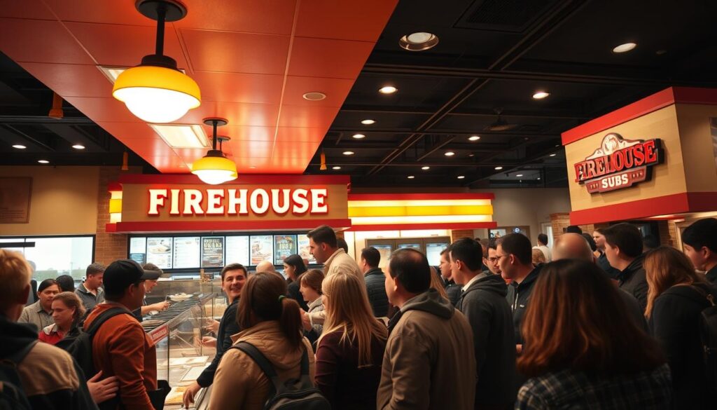 A bustling Firehouse Subs restaurant on Thanksgiving, with a crowd of hungry patrons eagerly waiting in line. The scene is captured in a wide-angle lens, showcasing the lively atmosphere and the anticipation of enjoying the restaurant's signature subs. The lighting is warm and inviting, with soft overhead illumination casting a cozy glow over the gathering. In the foreground, the line snakes through the restaurant, with customers chatting and examining the menu. In the middle ground, the Firehouse Subs counter is visible, with employees efficiently preparing orders. The background features the restaurant's distinctive decor, including the familiar red and yellow color scheme and the iconic Firehouse Subs branding. The overall mood is one of festive energy and the promise of a delicious Thanksgiving meal.