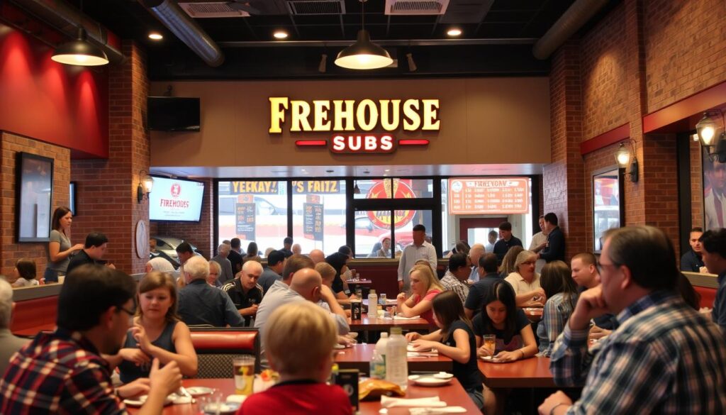 A bustling Firehouse Subs restaurant, with warm lighting and a cozy atmosphere. The interior features brick walls, wooden accents, and red and white color scheme. Patrons of various ages sit at tables, enjoying their delicious sub sandwiches. The scene captures the peak dining hours, showcasing the restaurant's popularity and the best times for customers to visit and savor the flavors of Firehouse Subs. The image is captured from a mid-level angle, providing a comprehensive view of the lively dining experience.