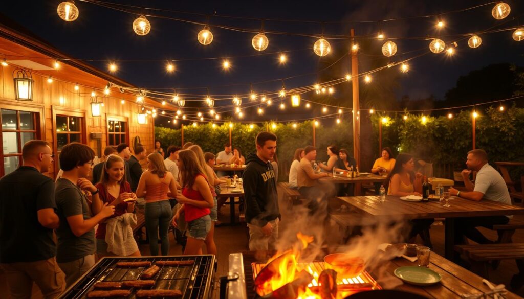 A bustling late-night cookout scene, illuminated by the warm glow of twinkling string lights and lanterns. In the foreground, a lively group of friends gathered around a sizzling grill, enjoying juicy burgers, hot dogs, and grilled veggies. The middle ground features a cozy seating area with rustic wooden tables and benches, where patrons savor their meals and engage in lively conversation. In the background, a backdrop of lush greenery and a starry night sky create a serene and inviting atmosphere. The overall mood is one of relaxation, community, and the unparalleled joy of late-night outdoor dining. A bustling late-night cookout scene, illuminated by the warm glow of twinkling string lights and lanterns. In the foreground, a lively group of friends gathered around a sizzling grill, enjoying juicy burgers, hot dogs, and grilled veggies. The middle ground features a cozy seating area with rustic wooden tables and benches, where patrons savor their meals and engage in lively conversation. In the background, a backdrop of lush greenery and a starry night sky create a serene and inviting atmosphere. The overall mood is one of relaxation, community, and the unparalleled joy of late-night outdoor dining.