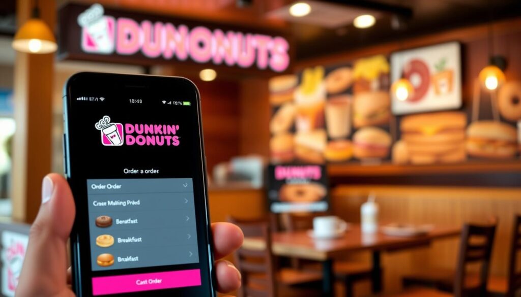 A bustling mobile app interface, showcasing the Dunkin' Donuts logo and order options against a backdrop of warm, inviting store interiors. The foreground features a sleek smartphone display with a simple, intuitive menu for customizing and placing a mobile order. The middle ground depicts various Dunkin' Donuts food and beverage items, including donuts, coffee, and breakfast sandwiches, all rendered in mouthwatering detail. In the background, a cozy Dunkin' Donuts cafe setting, with wooden furnishings, soft lighting, and a welcoming ambiance. The overall scene conveys the convenience and speed of the mobile ordering experience, perfectly complementing the "Mobile Ordering Options and Time Considerations" section of the article.