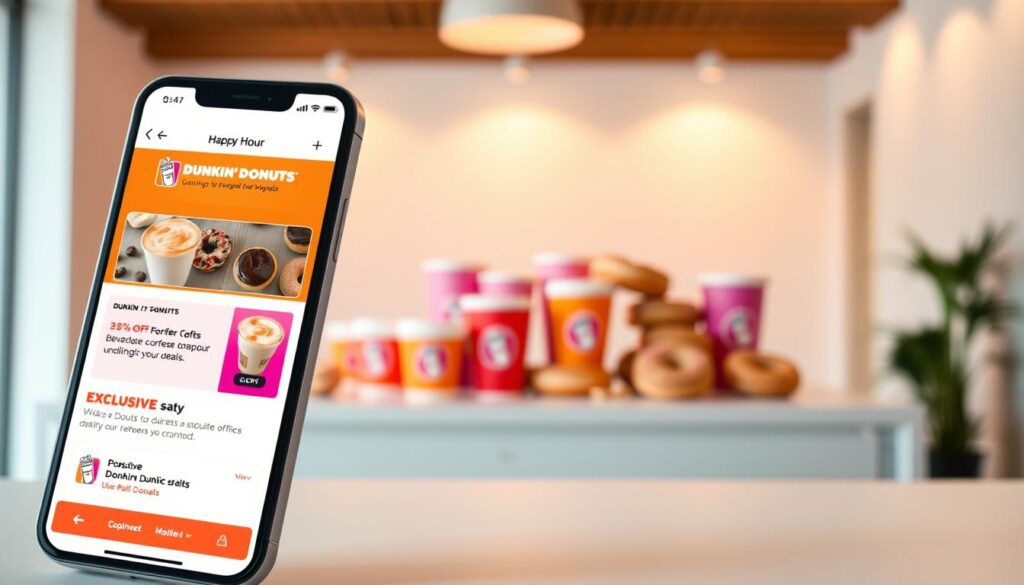 A cheerful and vibrant mobile app display featuring the Dunkin' Donuts Happy Hour highlights. In the foreground, a modern smartphone showcases the app's interface, highlighting discounted beverage offerings and exclusive deals. The middle ground features an array of Dunkin' Donuts' iconic coffee cups and doughnuts, captured in a warm, soft-focus lighting. The background blends a clean, minimalist office setting with subtle Dunkin' Donuts branding elements, creating a professional and welcoming atmosphere. The overall composition conveys the convenience and value of the Dunkin' Donuts mobile app during the popular Happy Hour period.