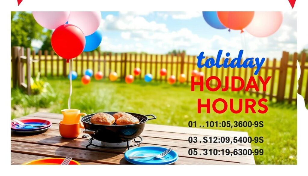 A cheerful, festive cookout scene showcasing a holiday hours schedule. In the foreground, a wooden picnic table set with colorful plates, utensils, and a charcoal grill sizzling with burgers and hot dogs. In the middle ground, a lush green lawn dotted with vibrant red, white, and blue balloons, casting a warm glow. In the background, a clear blue sky with fluffy clouds, and a rustic wooden fence framing the scene. The lighting is bright and natural, creating a welcoming, summertime atmosphere. The overall mood is one of celebration and casual outdoor dining. A cheerful, festive cookout scene showcasing a holiday hours schedule. In the foreground, a wooden picnic table set with colorful plates, utensils, and a charcoal grill sizzling with burgers and hot dogs. In the middle ground, a lush green lawn dotted with vibrant red, white, and blue balloons, casting a warm glow. In the background, a clear blue sky with fluffy clouds, and a rustic wooden fence framing the scene. The lighting is bright and natural, creating a welcoming, summertime atmosphere. The overall mood is one of celebration and casual outdoor dining.