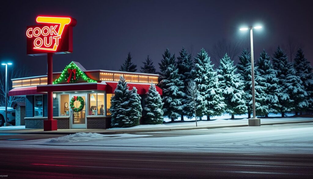 A cozy Christmas scene featuring the iconic Cook Out fast-food restaurant, its neon sign illuminating the night sky. The restaurant's facade stands in the foreground, its festive red and green exterior adorned with a wreath and twinkling holiday lights. In the middle ground, a light dusting of snow covers the sidewalk and parking lot, creating a serene and wintry atmosphere. The background features a row of snowcapped evergreen trees, casting long shadows and framing the scene. The lighting is soft and warm, evoking the holiday spirit, with a gentle glow emanating from the restaurant's windows. The overall mood is one of anticipation and celebration, hinting at the limited holiday hours and the need to plan accordingly. A cozy Christmas scene featuring the iconic Cook Out fast-food restaurant, its neon sign illuminating the night sky. The restaurant's facade stands in the foreground, its festive red and green exterior adorned with a wreath and twinkling holiday lights. In the middle ground, a light dusting of snow covers the sidewalk and parking lot, creating a serene and wintry atmosphere. The background features a row of snowcapped evergreen trees, casting long shadows and framing the scene. The lighting is soft and warm, evoking the holiday spirit, with a gentle glow emanating from the restaurant's windows. The overall mood is one of anticipation and celebration, hinting at the limited holiday hours and the need to plan accordingly.