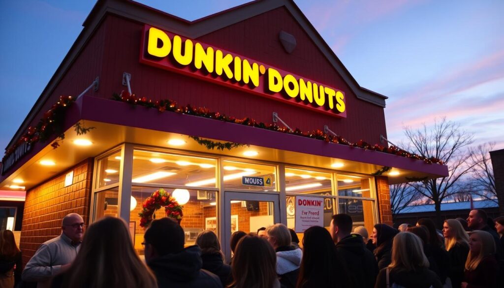 A cozy Dunkin' Donuts storefront, adorned with festive autumn decorations, stands against a warm evening sky. The golden glow of the store's illuminated signage casts a welcoming ambiance, hinting at the extended Thanksgiving Eve hours within. In the foreground, a crowd of eager patrons lines up, their faces reflecting the anticipation of indulging in freshly brewed coffee and seasonal treats. The scene is captured through a wide-angle lens, providing a sense of depth and community, with the store's iconic pink and orange color scheme serving as the vibrant focal point.
