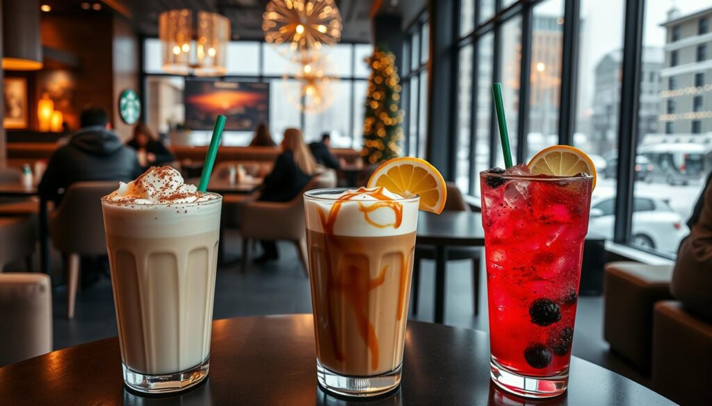 A cozy New Year's Day scene at a Starbucks cafe. In the foreground, an array of festive specialty drinks - a creamy white chocolate mocha with a dusting of cinnamon, a rich caramel macchiato with a drizzle of caramel, and a vibrant berry-infused refresher with a slice of lemon. The middle ground features a sleek, modern Starbucks interior with warm lighting, plush seating, and customers enjoying their beverages. In the background, a snowy cityscape can be seen through large windows, setting a celebratory, wintry atmosphere. The overall mood is one of comfort, indulgence, and the excitement of a new year. A cozy New Year's Day scene at a Starbucks cafe. In the foreground, an array of festive specialty drinks - a creamy white chocolate mocha with a dusting of cinnamon, a rich caramel macchiato with a drizzle of caramel, and a vibrant berry-infused refresher with a slice of lemon. The middle ground features a sleek, modern Starbucks interior with warm lighting, plush seating, and customers enjoying their beverages. In the background, a snowy cityscape can be seen through large windows, setting a celebratory, wintry atmosphere. The overall mood is one of comfort, indulgence, and the excitement of a new year.