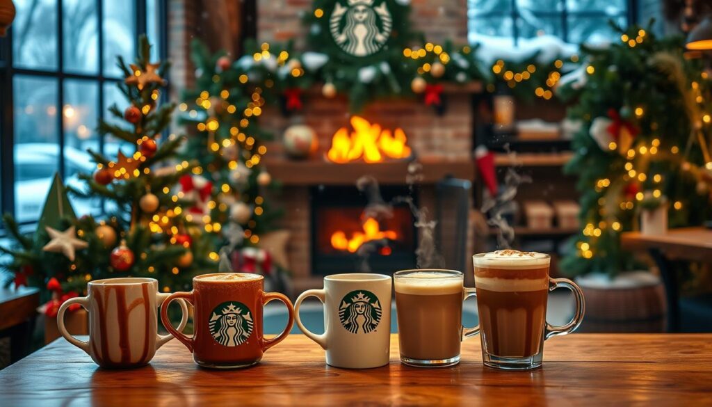 A cozy Starbucks cafe interior on a snowy winter day, with a seasonal drink display showcasing a variety of festive beverages. Steaming mugs of peppermint mocha, gingerbread latte, and eggnog latte sit atop a rustic wooden counter, surrounded by lush greenery, twinkling lights, and a crackling fireplace in the background. The lighting is warm and inviting, creating a festive and atmospheric scene that captures the spirit of the holiday season. The focal point is the array of seasonal drinks, enticing viewers to imagine the rich, comforting flavors. A cozy Starbucks cafe interior on a snowy winter day, with a seasonal drink display showcasing a variety of festive beverages. Steaming mugs of peppermint mocha, gingerbread latte, and eggnog latte sit atop a rustic wooden counter, surrounded by lush greenery, twinkling lights, and a crackling fireplace in the background. The lighting is warm and inviting, creating a festive and atmospheric scene that captures the spirit of the holiday season. The focal point is the array of seasonal drinks, enticing viewers to imagine the rich, comforting flavors.