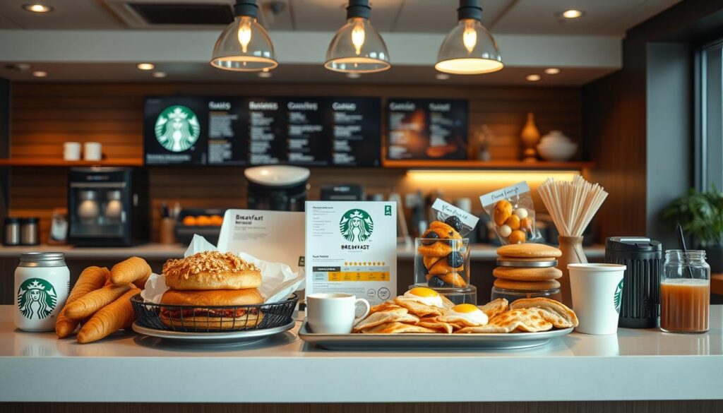 A cozy Starbucks cafe setting, with a well-stocked breakfast menu selection displayed on a clean, modern counter. Warm, diffused lighting bathes the scene, creating a welcoming atmosphere. The menu features an array of tempting options, including flaky croissants, fluffy pancakes, savory egg dishes, and aromatic coffee beverages. The arrangement is visually appealing, with carefully curated food styling and clean, minimalist presentation. The overall composition suggests a relaxed, inviting ambiance perfect for starting the day at Starbucks. A cozy Starbucks cafe setting, with a well-stocked breakfast menu selection displayed on a clean, modern counter. Warm, diffused lighting bathes the scene, creating a welcoming atmosphere. The menu features an array of tempting options, including flaky croissants, fluffy pancakes, savory egg dishes, and aromatic coffee beverages. The arrangement is visually appealing, with carefully curated food styling and clean, minimalist presentation. The overall composition suggests a relaxed, inviting ambiance perfect for starting the day at Starbucks.