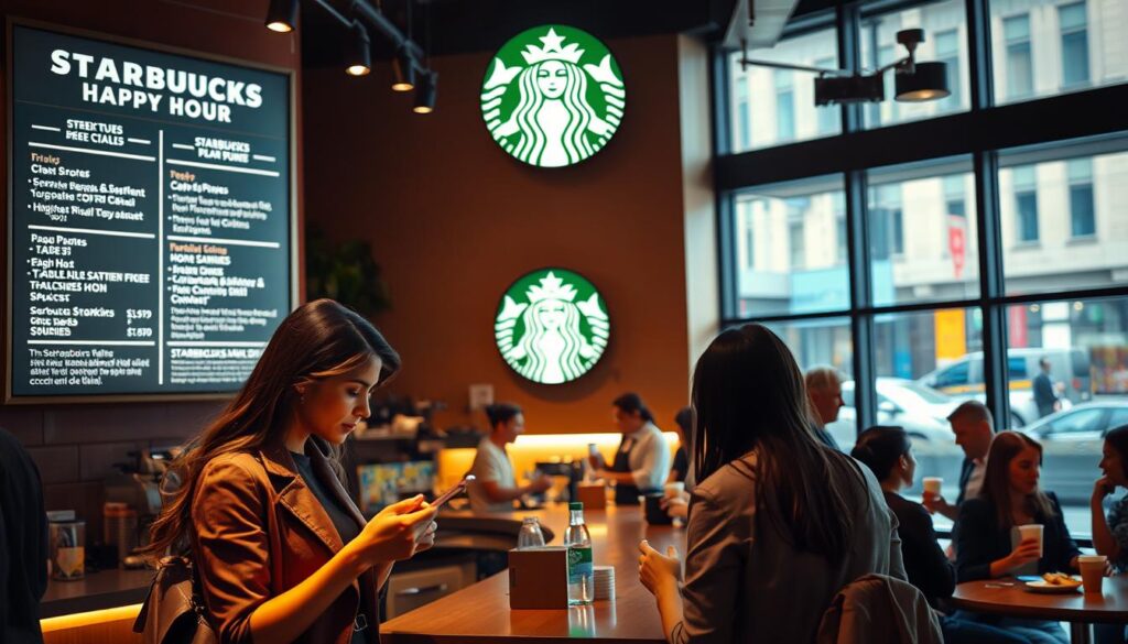A cozy coffee shop interior, warm lighting illuminating a menu board showcasing "Starbucks Happy Hour" specials. In the foreground, a stylish woman examines the menu, contemplating her order. Surrounding her, patrons sip their discounted drinks, engaged in lively conversation. The middle ground features a sleek counter, baristas efficiently preparing the signature Starbucks beverages. In the background, the iconic Starbucks logo stands out, framed by floor-to-ceiling windows offering a view of a bustling city street. The atmosphere is one of relaxation and savings, inviting the viewer to experience the joy of Starbucks Happy Hour. A cozy coffee shop interior, warm lighting illuminating a menu board showcasing "Starbucks Happy Hour" specials. In the foreground, a stylish woman examines the menu, contemplating her order. Surrounding her, patrons sip their discounted drinks, engaged in lively conversation. The middle ground features a sleek counter, baristas efficiently preparing the signature Starbucks beverages. In the background, the iconic Starbucks logo stands out, framed by floor-to-ceiling windows offering a view of a bustling city street. The atmosphere is one of relaxation and savings, inviting the viewer to experience the joy of Starbucks Happy Hour.