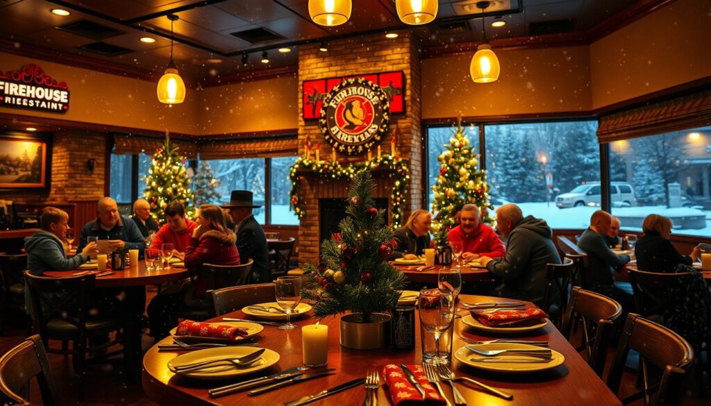 A cozy, dimly lit Firehouse Subs restaurant on a snowy Christmas Eve. The scene is illuminated by warm, golden lighting, casting a festive glow over the dining area. In the foreground, a table is set with holiday-themed plates, napkins, and silverware, accompanied by a small Christmas tree adorned with twinkling lights. The middle ground features families and friends gathered around the table, enjoying a hearty meal and exchanging laughter. In the background, a crackling fireplace adds to the inviting ambiance, while snow can be seen gently falling outside the large windows, creating a picturesque winter wonderland setting.