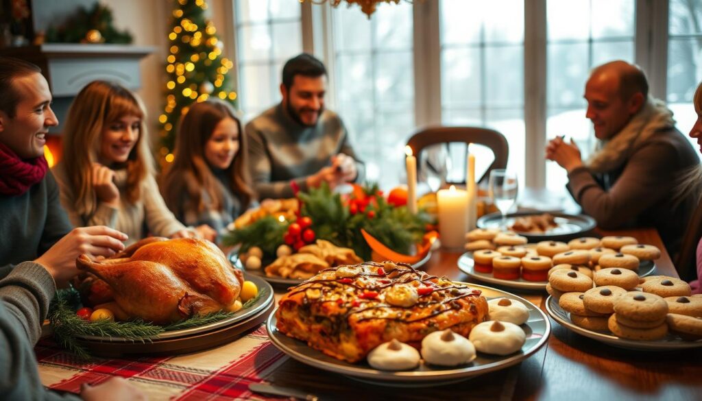 A cozy family gathering around a festive holiday table, with a warm fireplace glowing in the background. An array of alternative dining options - a hearty roast turkey, a savory vegetarian lasagna, and a platter of delectable holiday cookies - take center stage. Soft, diffused lighting casts a comforting glow, while the scene is framed by a winter landscape visible through large windows. The mood is one of togetherness, comfort, and the joy of finding new ways to celebrate the season when traditional dining options are unavailable. A cozy family gathering around a festive holiday table, with a warm fireplace glowing in the background. An array of alternative dining options - a hearty roast turkey, a savory vegetarian lasagna, and a platter of delectable holiday cookies - take center stage. Soft, diffused lighting casts a comforting glow, while the scene is framed by a winter landscape visible through large windows. The mood is one of togetherness, comfort, and the joy of finding new ways to celebrate the season when traditional dining options are unavailable.