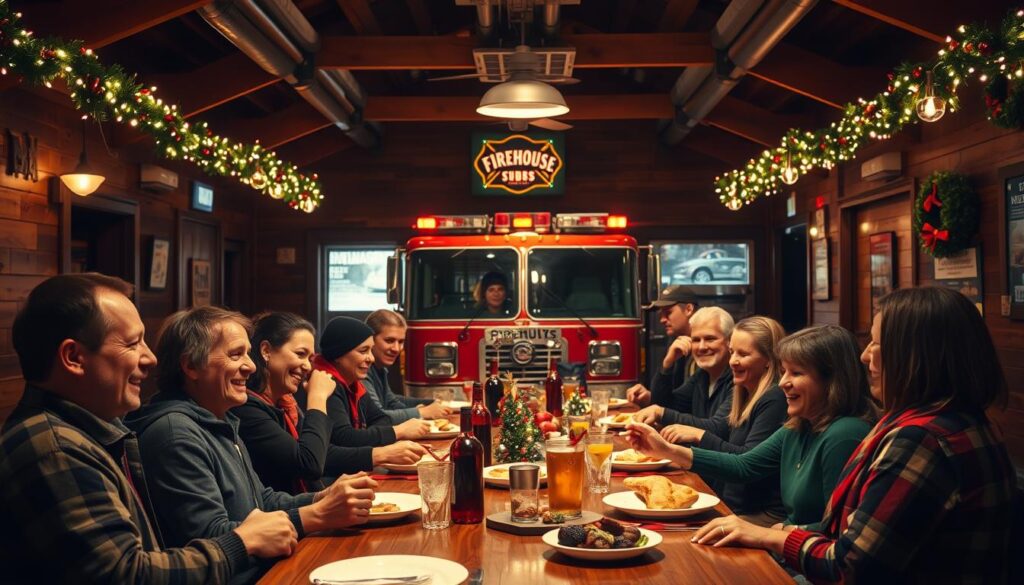 A cozy firehouse during the holiday season, the warm glow of string lights casting a festive atmosphere. In the foreground, a group of people enjoying a hearty meal at a long wooden table, their faces alight with laughter and cheer. The middle ground features a well-stocked menu board, highlighting the special holiday dishes and drinks on offer. In the background, the firehouse's iconic red engine is visible, a reminder of the hardworking crew ready to spring into action. The scene is captured with a wide-angle lens, creating a sense of depth and immersion, as if the viewer is right there, experiencing the holiday dining experience at Firehouse Subs.