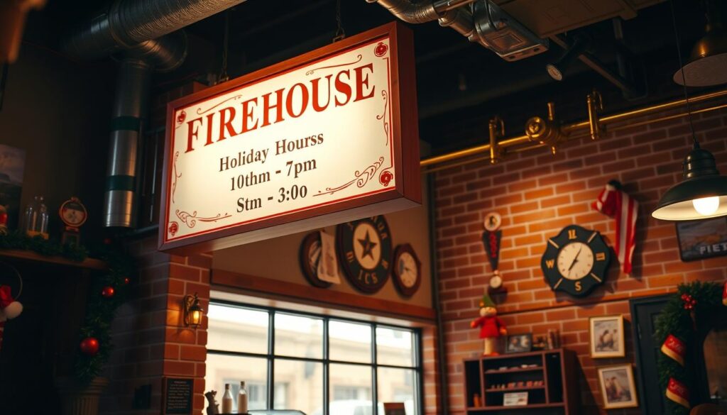 A cozy, well-lit firehouse interior with a large, inviting sign displaying the holiday hours of Firehouse Subs. The sign features a festive design with a subtle, warm-toned color palette, complementing the rustic brick walls and brass fixtures. Firefighter memorabilia and holiday decorations adorn the space, creating a welcoming and cheerful atmosphere. The scene is captured from a slightly elevated angle, allowing the viewer to take in the full context of the firehouse setting. Soft, directional lighting casts gentle shadows, adding depth and dimension to the image.