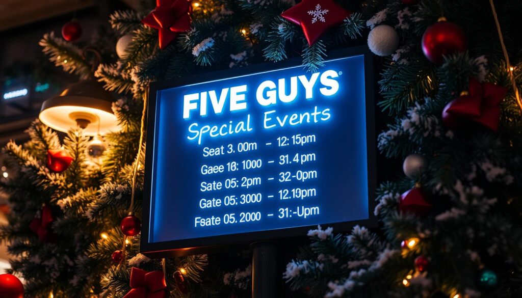 A crisp, neon-lit sign against a festive holiday backdrop, showcasing the operating hours for a Five Guys restaurant during special events and holidays. The sign is framed by lush, winter-themed foliage, casting a warm, inviting glow. The scene is captured from a slightly elevated angle, creating a sense of depth and drawing the viewer's attention to the clear, legible schedule details. The lighting is a perfect balance of bright, yet cozy, evoking the celebratory spirit of the holiday season. The overall composition is sleek, modern, and visually engaging, seamlessly blending functional information with a visually appealing aesthetic.
