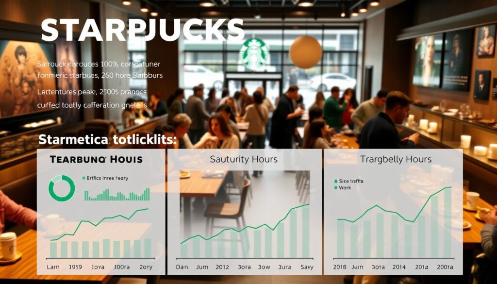 A detailed infographic illustrating Starbucks' peak hours, set against the backdrop of a bustling café interior. The foreground features a clean, minimalist design with dynamic charts and graphs showcasing customer traffic patterns throughout the day. The middle ground captures the warm, inviting ambiance of a Starbucks location, with patrons enjoying their beverages and pastries at wooden tables bathed in soft, natural lighting. In the background, a panoramic view of the storefront reveals the comings and goings of customers, creating a sense of energy and vibrancy. The overall tone is informative yet visually engaging, perfectly suited to highlight the best times to visit a Starbucks during peak hours. A detailed infographic illustrating Starbucks' peak hours, set against the backdrop of a bustling café interior. The foreground features a clean, minimalist design with dynamic charts and graphs showcasing customer traffic patterns throughout the day. The middle ground captures the warm, inviting ambiance of a Starbucks location, with patrons enjoying their beverages and pastries at wooden tables bathed in soft, natural lighting. In the background, a panoramic view of the storefront reveals the comings and goings of customers, creating a sense of energy and vibrancy. The overall tone is informative yet visually engaging, perfectly suited to highlight the best times to visit a Starbucks during peak hours.