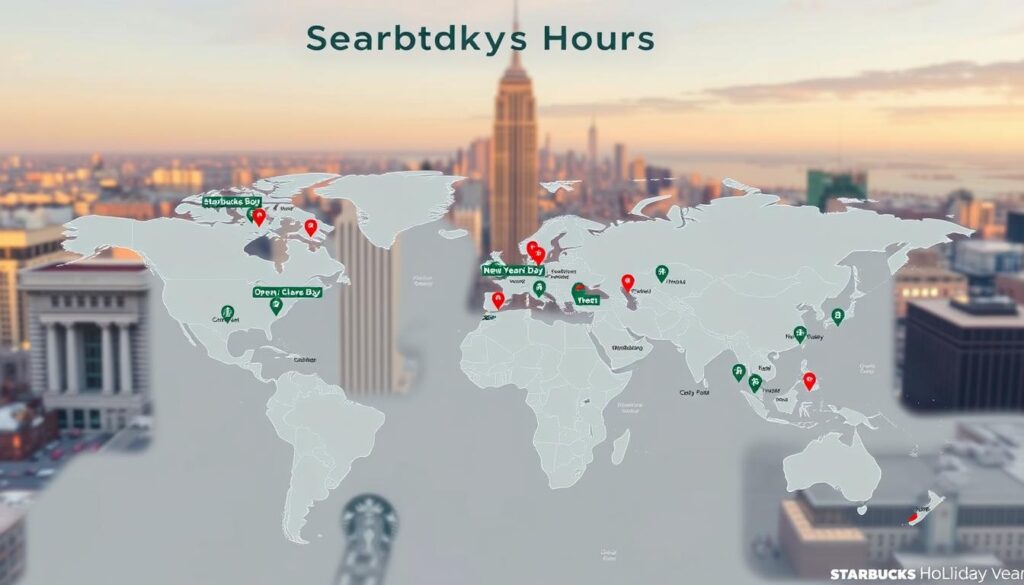 A detailed map of Starbucks holiday hours, showcasing the varying operating schedules across different locations. The foreground features a large world map with pins marking Starbucks stores, each color-coded to indicate their New Year's Day hours - open, closed, or reduced. The middle ground presents a clean, minimalist design with a sleek user interface, allowing easy navigation and information lookup. In the background, a subtle, warm-toned cityscape provides a contextual backdrop, capturing the vibrant atmosphere of Starbucks stores during the holiday season. The image is captured with a high-resolution, wide-angle lens, creating a comprehensive and visually appealing representation of the location-specific Starbucks holiday hours. A detailed map of Starbucks holiday hours, showcasing the varying operating schedules across different locations. The foreground features a large world map with pins marking Starbucks stores, each color-coded to indicate their New Year's Day hours - open, closed, or reduced. The middle ground presents a clean, minimalist design with a sleek user interface, allowing easy navigation and information lookup. In the background, a subtle, warm-toned cityscape provides a contextual backdrop, capturing the vibrant atmosphere of Starbucks stores during the holiday season. The image is captured with a high-resolution, wide-angle lens, creating a comprehensive and visually appealing representation of the location-specific Starbucks holiday hours.