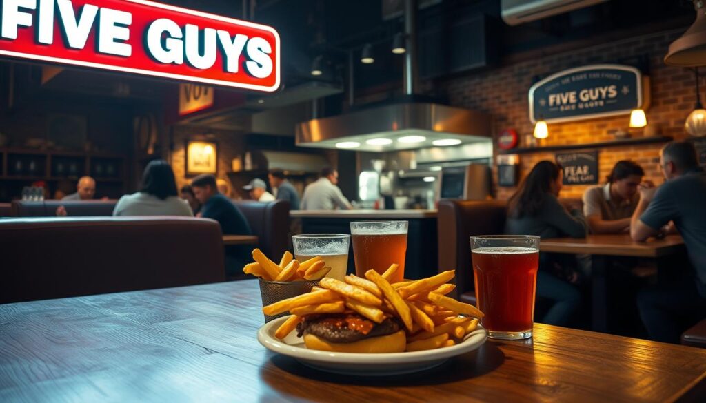 A dimly lit, cozy late-night diner setting, with the iconic Five Guys signage illuminating the scene. In the foreground, a wooden tabletop features a delectable burger, crisp fries, and a refreshing beverage, all bathed in a warm, ambient glow. Patrons huddle in plush booths, engaged in lively conversation, creating a convivial atmosphere. The middle ground showcases the bustling open kitchen, where chefs expertly assemble orders with a sense of purpose. In the background, the restaurant's rustic brick walls and vintage-inspired decor evoke a nostalgic, retro vibe, inviting customers to linger and savor the moment. Soft, golden lighting casts a gentle, inviting aura, setting the stage for a memorable late-night dining experience. A dimly lit, cozy late-night diner setting, with the iconic Five Guys signage illuminating the scene. In the foreground, a wooden tabletop features a delectable burger, crisp fries, and a refreshing beverage, all bathed in a warm, ambient glow. Patrons huddle in plush booths, engaged in lively conversation, creating a convivial atmosphere. The middle ground showcases the bustling open kitchen, where chefs expertly assemble orders with a sense of purpose. In the background, the restaurant's rustic brick walls and vintage-inspired decor evoke a nostalgic, retro vibe, inviting customers to linger and savor the moment. Soft, golden lighting casts a gentle, inviting aura, setting the stage for a memorable late-night dining experience.