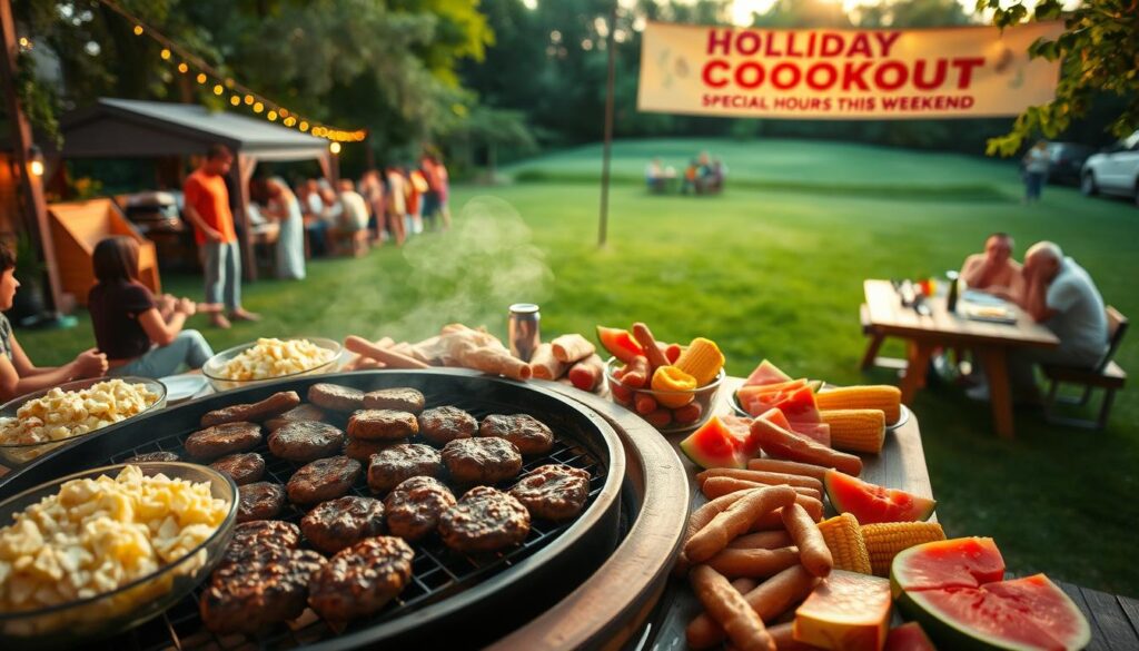 A festive cookout scene under warm evening light. In the foreground, a charcoal grill sizzles with burgers and hot dogs, surrounded by a spread of picnic fare - potato salad, corn on the cob, and fresh watermelon slices. In the middle ground, a group of friends and families gathered at long wooden tables, chatting and laughing. In the background, a lush green lawn leads to a colorful banner announcing "Holiday Cookout - Special Hours This Weekend". The overall atmosphere is one of camaraderie, relaxation, and the celebration of good food and summer traditions. A festive cookout scene under warm evening light. In the foreground, a charcoal grill sizzles with burgers and hot dogs, surrounded by a spread of picnic fare - potato salad, corn on the cob, and fresh watermelon slices. In the middle ground, a group of friends and families gathered at long wooden tables, chatting and laughing. In the background, a lush green lawn leads to a colorful banner announcing "Holiday Cookout - Special Hours This Weekend". The overall atmosphere is one of camaraderie, relaxation, and the celebration of good food and summer traditions.