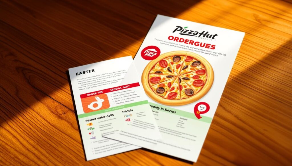 A high-quality, glossy image of a Pizza Hut "Easter Ordering Guide" presented on a wood-grain table, illuminated by warm, soft lighting from the side. The guide features a stylized pizza design, vibrant colors, and clearly displayed ordering information for special Easter deals and menu items. The layout is visually appealing, with a clean, professional aesthetic that aligns with the Pizza Hut brand. The image conveys a sense of anticipation and excitement for Easter dining options from Pizza Hut.