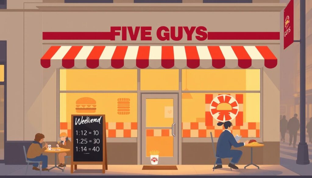 A minimalist, stylized illustration of a Five Guys restaurant's weekend operating hours. The storefront is bathed in warm, golden lighting, conveying a cozy, inviting atmosphere. The front doors are open, welcoming customers, and a chalkboard sign displays the weekend hours in an elegant, hand-drawn font. In the foreground, a group of people enjoying burgers and fries at a sidewalk table. The middle ground features the restaurant's iconic red-and-white color scheme, with the Five Guys logo prominently displayed. The background is a softly blurred urban streetscape, hinting at the restaurant's location within a bustling city. A minimalist, stylized illustration of a Five Guys restaurant's weekend operating hours. The storefront is bathed in warm, golden lighting, conveying a cozy, inviting atmosphere. The front doors are open, welcoming customers, and a chalkboard sign displays the weekend hours in an elegant, hand-drawn font. In the foreground, a group of people enjoying burgers and fries at a sidewalk table. The middle ground features the restaurant's iconic red-and-white color scheme, with the Five Guys logo prominently displayed. The background is a softly blurred urban streetscape, hinting at the restaurant's location within a bustling city.