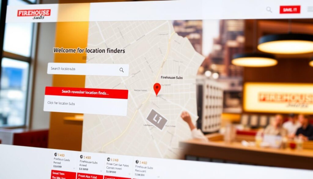 A modern, well-lit website interface showcasing a Firehouse Subs location finder. The foreground features a clean, minimalist design with a prominent search bar, a map, and a grid of clickable location cards. The middle ground shows a detailed map of the surrounding area, highlighting the selected Firehouse Subs restaurant with a distinctive marker. The background depicts a blurred cityscape, conveying a sense of urban environment. The overall atmosphere is professional, user-friendly, and designed to help customers quickly locate their nearest Firehouse Subs. Lighting is natural, with warm tones and subtle shadows. The camera angle is slightly angled, creating depth and drawing the viewer's attention to the key interactive elements.
