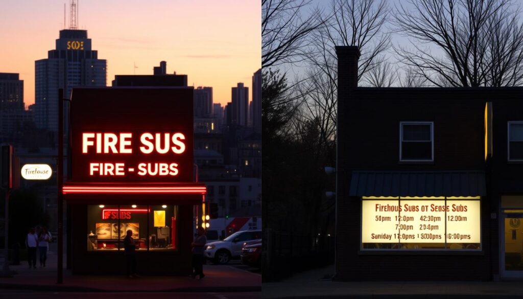 A neon-lit urban Firehouse Subs location, its storefront illuminated against the backdrop of a bustling city skyline. Next to it, a more subdued suburban outpost, its signage softly glowing under the gentle evening light. Contrasting the energy and pace of the city, the suburban scene exudes a quieter, more relaxed ambiance. Both establishments display their distinct operating hours, reflecting the unique rhythms and needs of their respective environments. The image invites the viewer to explore the nuanced differences between the urban and suburban Firehouse Subs experiences.