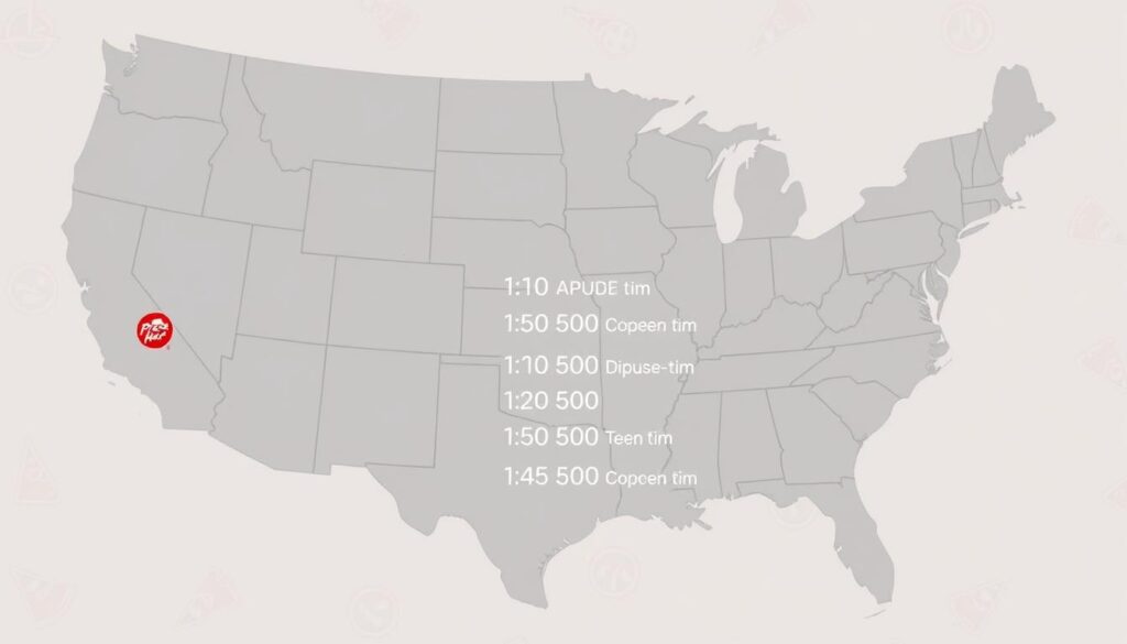 A regional map of the United States, with varying Pizza Hut operating hours displayed in a clear, intuitive format. The map is rendered in a muted color palette, with the state boundaries in subtle grey lines. In the foreground, a series of informative icons, each representing a different opening time, are placed strategically across the map. The middle ground features a clean, modern typography showcasing the varying regional hours, while the background subtly hints at the Pizza Hut brand with a faint, textured pizza crust pattern. The overall mood is one of informative clarity, allowing the viewer to easily grasp the regional differences in Pizza Hut's operating schedule.