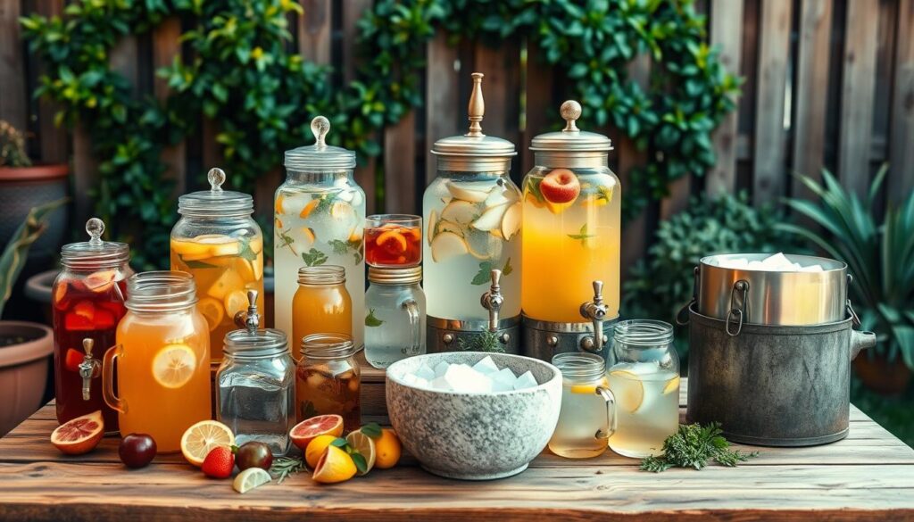 A rustic outdoor beverage station setup on a wooden table. In the foreground, an assortment of clear glass jars and pitchers filled with refreshing lemonades, iced teas, and fruit-infused waters. Vintage-style metal drink dispensers stand tall, their spigots ready to serve. Scattered throughout, seasonal fruit slices, fresh herbs, and ice cubes in a natural stone bucket. The middle ground features a backdrop of lush greenery, perhaps potted plants or a wooden fence, creating a serene, backyard ambiance. Warm, directional lighting from the side casts a soft glow, highlighting the vibrant colors and textures. The overall scene conveys a sense of casual elegance, perfect for an alfresco gathering. A rustic outdoor beverage station setup on a wooden table. In the foreground, an assortment of clear glass jars and pitchers filled with refreshing lemonades, iced teas, and fruit-infused waters. Vintage-style metal drink dispensers stand tall, their spigots ready to serve. Scattered throughout, seasonal fruit slices, fresh herbs, and ice cubes in a natural stone bucket. The middle ground features a backdrop of lush greenery, perhaps potted plants or a wooden fence, creating a serene, backyard ambiance. Warm, directional lighting from the side casts a soft glow, highlighting the vibrant colors and textures. The overall scene conveys a sense of casual elegance, perfect for an alfresco gathering.