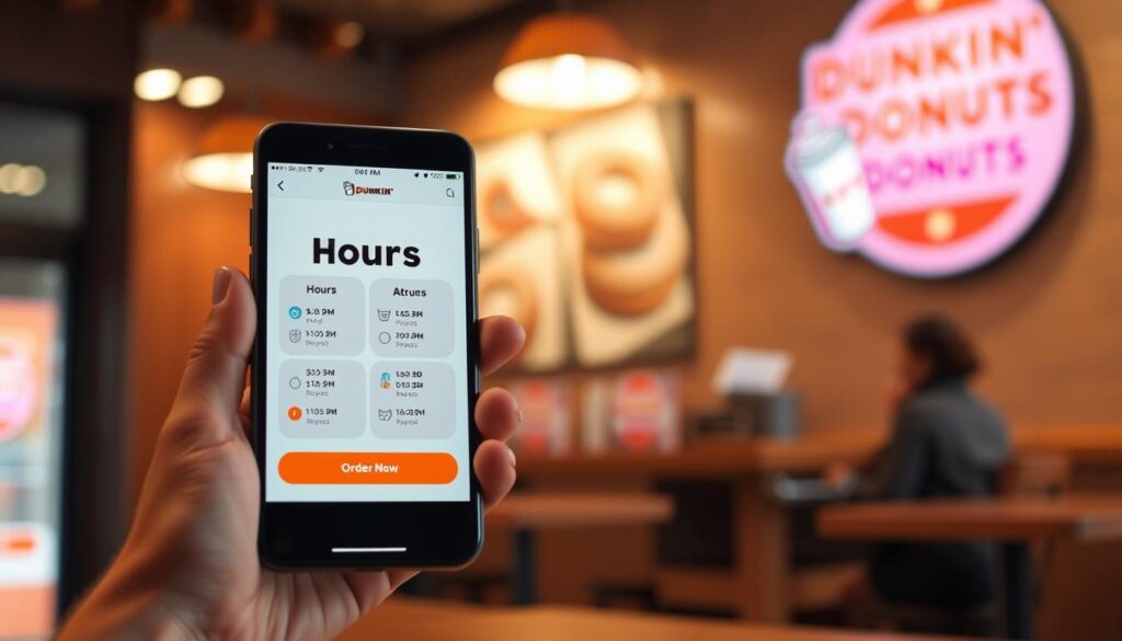 A sleek, modern mobile app interface showcasing the Dunkin' Donuts app's hours and ordering features. In the foreground, a smartphone display shows the app's clean, intuitive design with large, easy-to-read hours information and a prominent "Order Now" button. The middle ground features a blurred background of a cozy Dunkin' Donuts café, with warm lighting and the familiar Dunkin' logo visible. The atmosphere is welcoming and efficient, capturing the convenience and reliability of the Dunkin' experience through a meticulously crafted digital interface. Crisp, high-resolution rendering with a slight depth-of-field effect to draw the viewer's focus to the app interface.