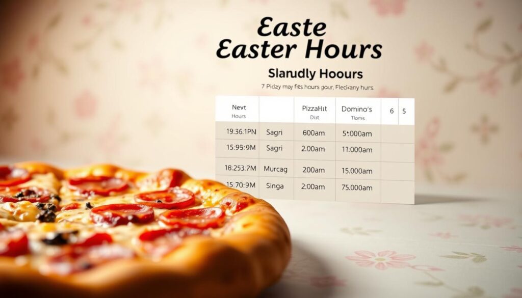 A well-lit and visually appealing comparison of the Easter hours for major pizza chains. In the foreground, a meticulously detailed and mouthwatering pizza slice, its toppings glistening under a warm, soft light. In the middle ground, a clean and modern display showcasing the holiday hours for Pizza Hut, Domino's, Papa John's, and other popular pizza brands, presented in a clear, easy-to-read format. The background features a subtle, elegant pattern reminiscent of spring, with soft pastel hues and delicate floral accents, creating a serene and inviting atmosphere. The overall composition strikes a balance between informative and visually captivating, drawing the viewer's attention to the key details while maintaining a visually striking and aesthetically pleasing design.