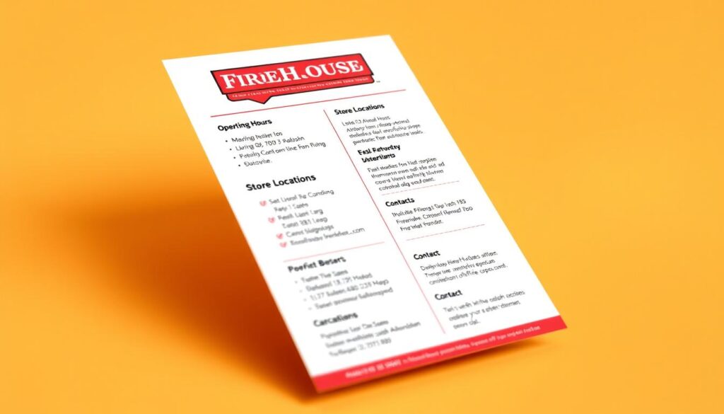 A well-lit, detailed illustration of a "Firehouse Subs Hours Lookup Guide", showcasing a clean, minimalist design. The guide is presented against a warm, inviting background, with a subtle texture or pattern to provide depth and visual interest. The layout features clear, easy-to-read sections highlighting operating hours, store locations, and contact information, allowing users to quickly and effortlessly find the details they need. The overall mood is informative and accessible, inviting the viewer to engage with the content. The perspective is slightly angled, providing a visually appealing and dynamic composition.