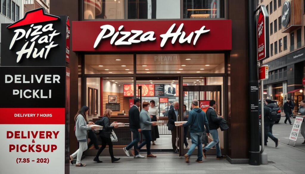 A well-lit, high-resolution photograph of a Pizza Hut storefront showcasing the delivery and pickup options. In the foreground, a large sign prominently displays the words "DELIVERY" and "PICKUP" along with the hours of operation. The middle ground features customers entering and exiting the restaurant, some carrying pizza boxes. The background depicts a bustling urban setting with other businesses, traffic, and pedestrians. The overall mood is one of convenience, accessibility, and the inviting aroma of freshly baked pizza.