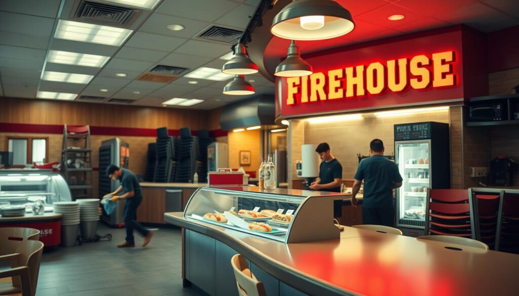 A well-lit interior of a Firehouse Subs restaurant at closing time. The counter is cleared, chairs stacked, and the staff is meticulously wiping down surfaces. Warm lighting casts a cozy glow, hinting at the day's last-minute customers. A carefully curated display of signature subs and sides sits under glass, beckoning passersby. The scene conveys a sense of quiet efficiency, as the team prepares to shut the doors and secure the premises for the night. A sense of pride and professionalism permeates the space.