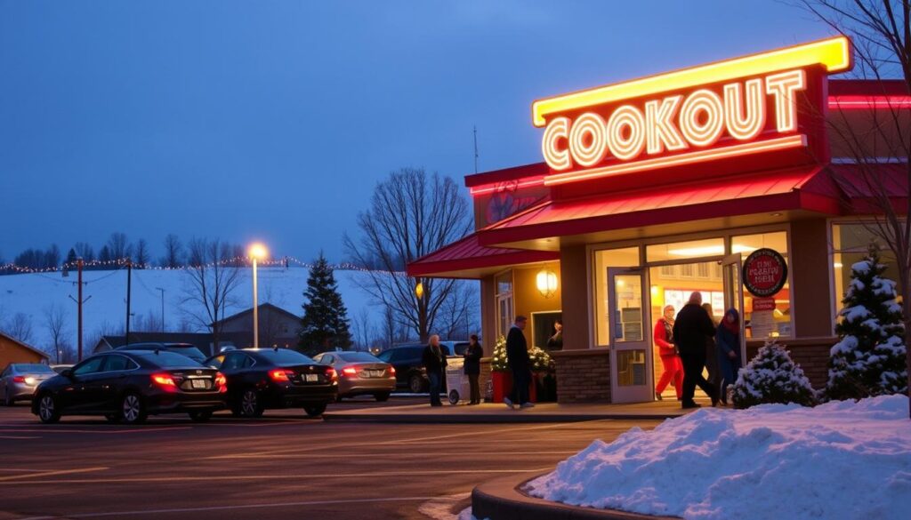 Cookout Christmas Eve Hours: A festive outdoor scene, with a Cookout fast-food restaurant in the foreground, its neon sign glowing against the winter twilight. The restaurant's doors are open, inviting customers to step inside and enjoy a warm meal on this chilly Christmas Eve. The parking lot is partially full, with a few cars and families bundled up, making their way towards the entrance. In the background, a dusting of snow covers the ground, creating a picturesque winter landscape. The lighting is a warm, golden hue, casting a cozy atmosphere over the entire scene. Cookout Christmas Eve Hours: A festive outdoor scene, with a Cookout fast-food restaurant in the foreground, its neon sign glowing against the winter twilight. The restaurant's doors are open, inviting customers to step inside and enjoy a warm meal on this chilly Christmas Eve. The parking lot is partially full, with a few cars and families bundled up, making their way towards the entrance. In the background, a dusting of snow covers the ground, creating a picturesque winter landscape. The lighting is a warm, golden hue, casting a cozy atmosphere over the entire scene.