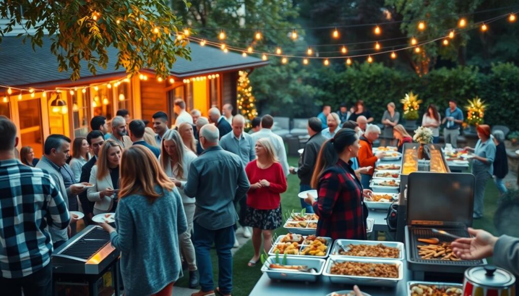 Cookout Holiday Crowd Management: A bustling backyard filled with family and friends, gathered around a sizzling grill under the warm glow of festive string lights. In the foreground, people mingle, plates in hand, laughter and conversation filling the air. In the middle ground, a well-organized buffet line, with delectable dishes carefully arranged. The background reveals a neatly arranged seating area, where guests relax and enjoy the holiday feast, surrounded by lush greenery and a cozy, inviting ambiance. Crisp, natural lighting captures the scene, creating a sense of togetherness and holiday cheer. Cookout Holiday Crowd Management: A bustling backyard filled with family and friends, gathered around a sizzling grill under the warm glow of festive string lights. In the foreground, people mingle, plates in hand, laughter and conversation filling the air. In the middle ground, a well-organized buffet line, with delectable dishes carefully arranged. The background reveals a neatly arranged seating area, where guests relax and enjoy the holiday feast, surrounded by lush greenery and a cozy, inviting ambiance. Crisp, natural lighting captures the scene, creating a sense of togetherness and holiday cheer.