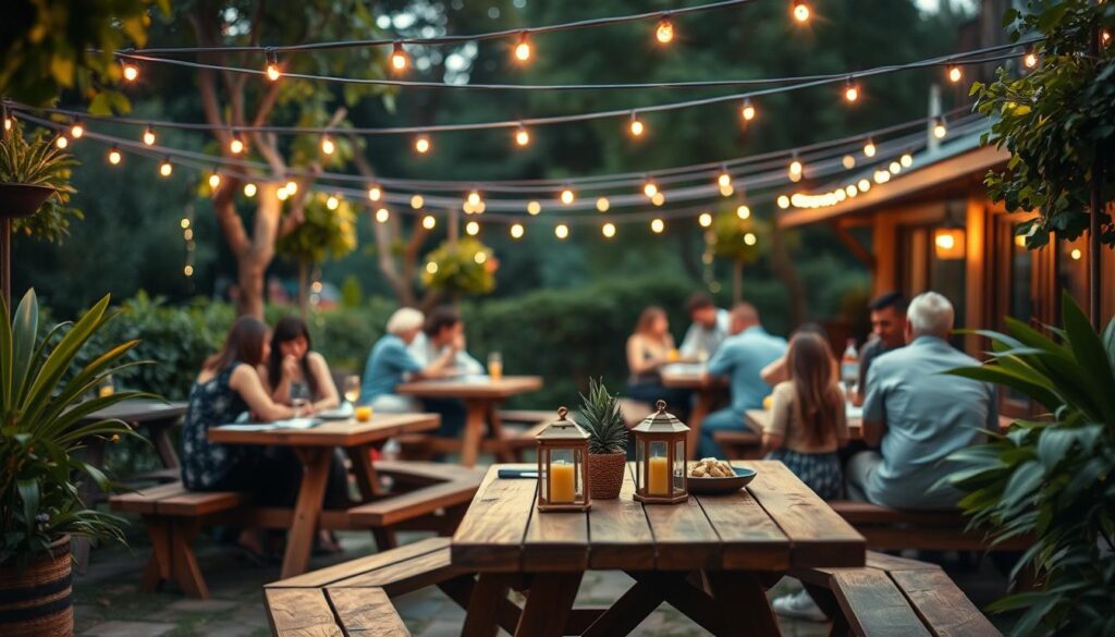 Cozy outdoor gathering with intimate seating arrangement. Wooden picnic tables surrounded by lush greenery and string lights overhead, casting a warm glow. Casual yet festive vibe, perfect for summer cookout. Families and friends relaxing, enjoying good food and lively conversation. Soft focus, shallow depth of field emphasizes the inviting ambiance. Natural lighting, slight hazy effect adds to the laid-back atmosphere. Wooden benches, cushions, and decorative lanterns complete the rustic, welcoming scene. Cozy outdoor gathering with intimate seating arrangement. Wooden picnic tables surrounded by lush greenery and string lights overhead, casting a warm glow. Casual yet festive vibe, perfect for summer cookout. Families and friends relaxing, enjoying good food and lively conversation. Soft focus, shallow depth of field emphasizes the inviting ambiance. Natural lighting, slight hazy effect adds to the laid-back atmosphere. Wooden benches, cushions, and decorative lanterns complete the rustic, welcoming scene.