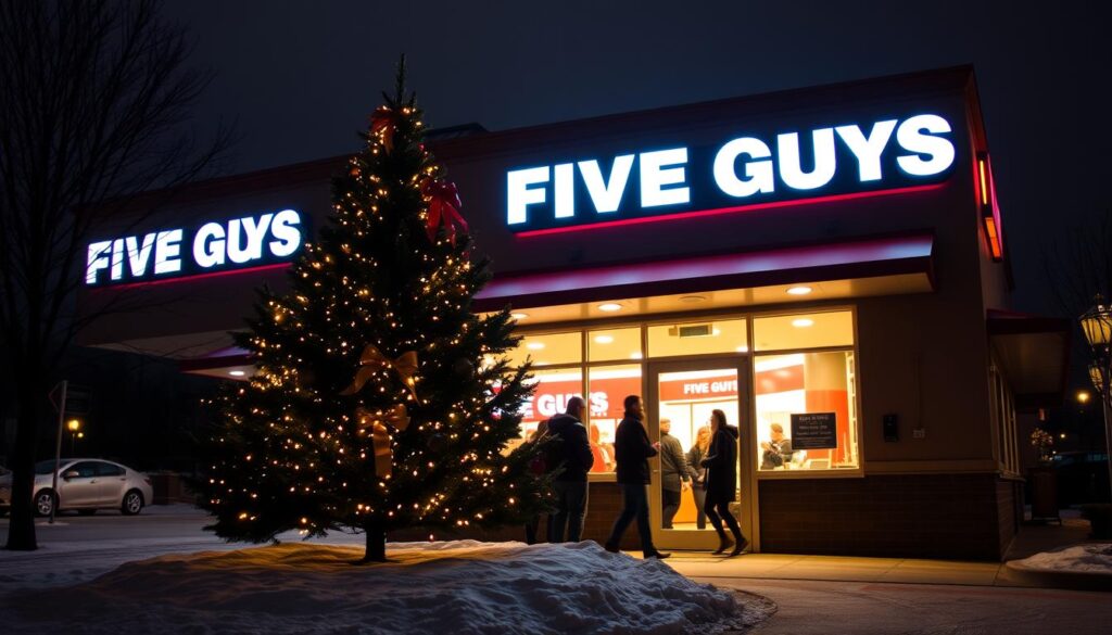 Five Guys restaurant location in a warm, festive holiday atmosphere. The exterior features a large, neon sign with the company's logo against a night sky. Snow blankets the ground, and a Christmas tree stands in the foreground, adorned with twinkling lights. Customers enter through a welcoming glass door, their silhouettes visible inside. The lighting is a harmonious blend of warm, golden tones from the interior and cool, blue hues from the night sky. The overall scene conveys a sense of holiday cheer and the special hours of operation for this beloved burger joint. Five Guys restaurant location in a warm, festive holiday atmosphere. The exterior features a large, neon sign with the company's logo against a night sky. Snow blankets the ground, and a Christmas tree stands in the foreground, adorned with twinkling lights. Customers enter through a welcoming glass door, their silhouettes visible inside. The lighting is a harmonious blend of warm, golden tones from the interior and cool, blue hues from the night sky. The overall scene conveys a sense of holiday cheer and the special hours of operation for this beloved burger joint.
