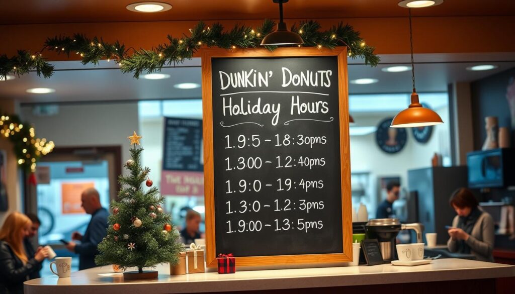 Warm, cozy interior of a Dunkin' Donuts cafe. Festive holiday decor adorns the walls - garlands, lights, and a miniature Christmas tree on the counter. The main focus is a large chalkboard sign displaying the holiday hours, with a clean, hand-lettered font. Soft, diffused lighting illuminates the scene, creating a welcoming, inviting atmosphere. The background is slightly blurred, drawing the eye to the centrally placed chalkboard. Subtle details like a few customers sipping coffee and a barista wiping down the counters add to the realistic, lived-in feel. An overall mood of seasonal cheer and community.